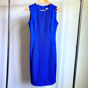Calvin Klein royal blue sheath dress with mesh detail and exposed gold zipper
